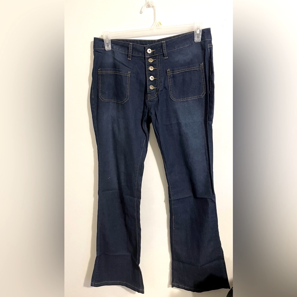 Sz L kick flare denim button down front pockets pants New no tags - Picture 2 of 3